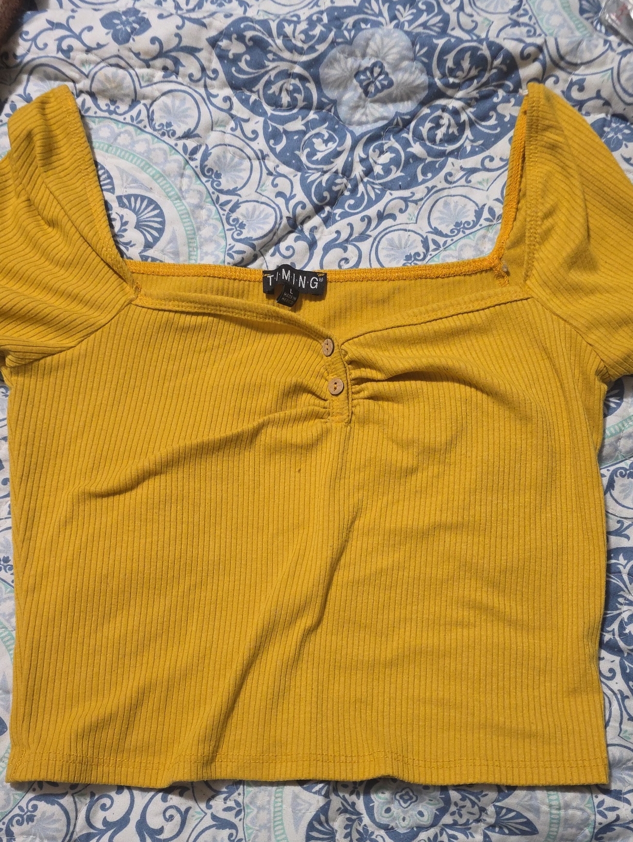 Timing Mustard Ribbed Square-Neck Crop Top With Button Detail